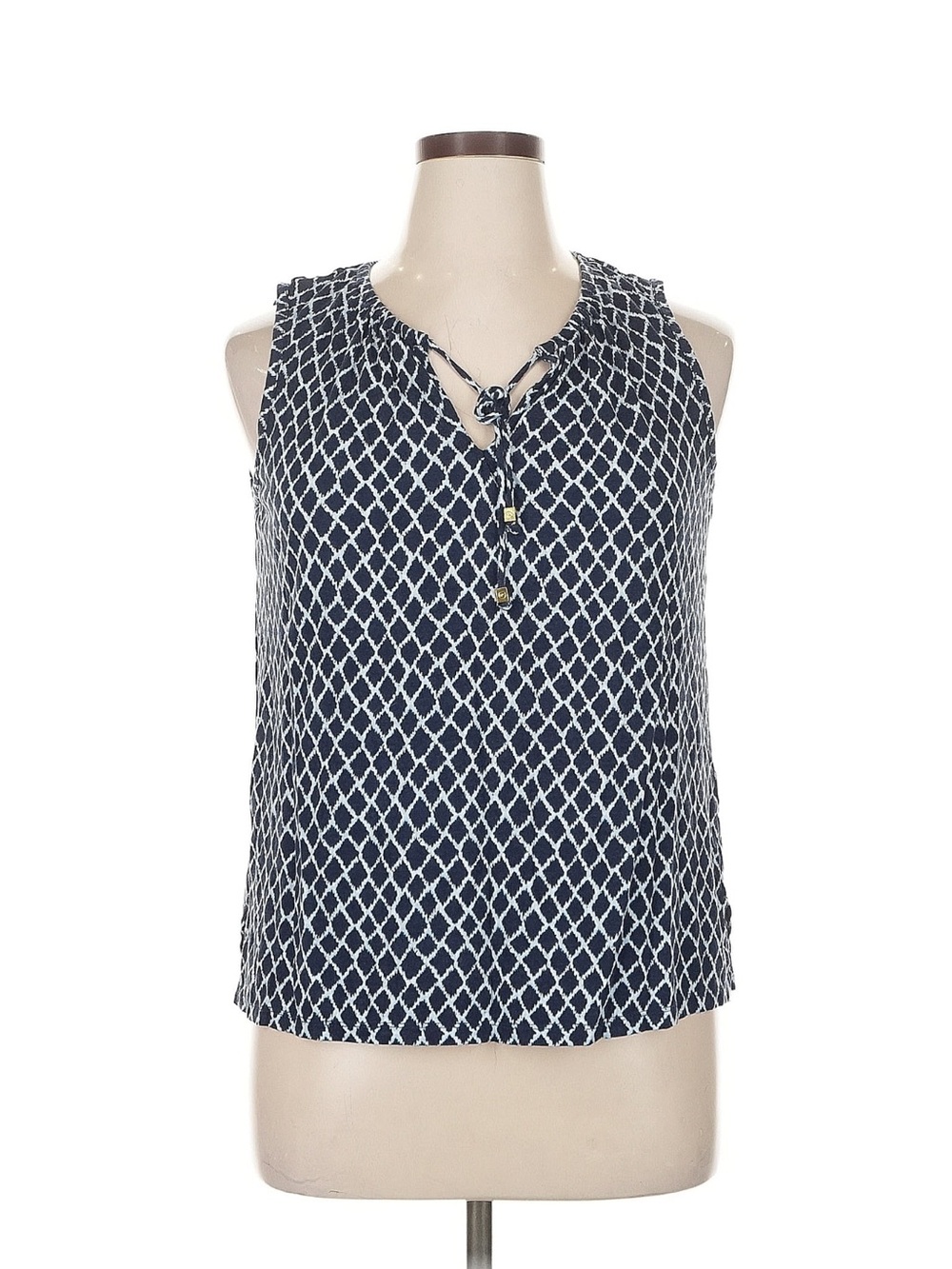 Michael Michael Kors Sleeveless Navy Geometric Tie-Neck Top